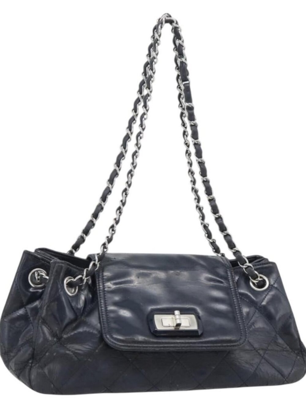 CHANEL Matelasse Chain Purse Bag Patent Leather Navy Silver CC Auth bs35340